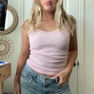 Vintage Y2K 2000s GAS Light Pink Lace Trim Tank Top Sz S